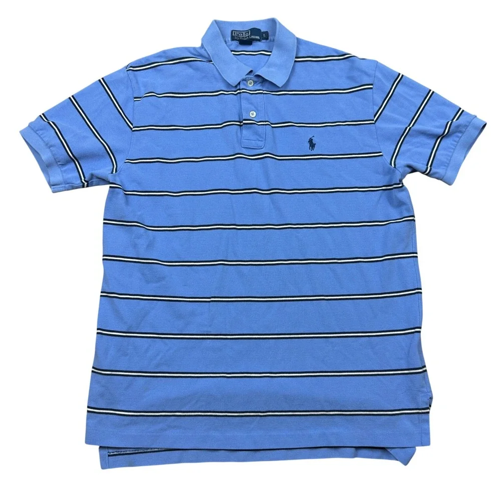Polo Ralph Lauren Mens Large Blue Striped Short Sleeve Cotton Pique Polo Shirt